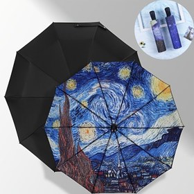 Resim 1 adet Yıldızlı Gece İlhamlı Şemsiye Katlanabilir, Manzara Boyama Katlanabilir Yağmur Şemsiyesi, Parasol, Güneş Şemsiyesi, Rüzgar Geçirmez Seyahat Şemsiyeleri Yağmur için - Kolay Aç Kapat, Su Geçirmez Kanvas - Sırt Çantası, Cüzdan, Taşınabilir Şemsiye Seyahat için - Sevgililer Günü Hediyesi 
