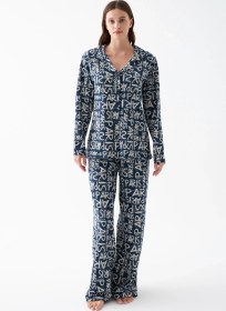Resim Akbeniz Kadın Lacivert Paris Yazı Desenli Düğmeli Pamuklu Pijama Takımı Lacivert 