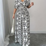 Resim Kadın Bohem Baskılı V Yaka Jumpsuit Bağcıklı Bel ve Geniş Bacaklar - Beyaz ve Kahverengi Geometrik Desen, Kısa Kollu, Tüm Mevsim Tatil Stili, Rahat veya Şık Kıyafetler İçin Mükemmel, Bohem Elbise 