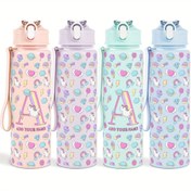 Resim 1 Adet 25oz Kişiye Özel Harfli Unicorn Su Matarası, Zaman Göstergeli BPA'sız Sevimli Unicorn Karikatür Baskılı Sızdırmaz Kapaklı Pipetli Spor Ofis İçin Su Şişesi 