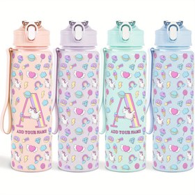 Resim 1 Adet 25oz Kişiye Özel Harfli Unicorn Su Matarası, Zaman Göstergeli BPA'sız Sevimli Unicorn Karikatür Baskılı Sızdırmaz Kapaklı Pipetli Spor Ofis İçin Su Şişesi 