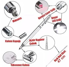 Resim Metal Kutulu Kırmızı Lazerli, LED Işıklı Mıknatıslı Pointer Kalemi Işaretçi Uzayabilen Sunum Çubuğu Teleskopik Metal Tükenmez Kalem (PRS-1521G) 