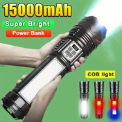Resim Ultra Parlak 15000mAh LED El Feneri - Şarj Edilebilir, Yüksek Güçlü Taktiksel Fener Uzun Menzilli & Çift Düğme Kontrollü Kamp ve Acil Durumlar İçin 