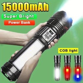 Resim Ultra Parlak 15000mAh LED El Feneri - Şarj Edilebilir, Yüksek Güçlü Taktiksel Fener Uzun Menzilli & Çift Düğme Kontrollü Kamp ve Acil Durumlar İçin 