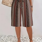 Resim Kadınlar İçin Yüksek Bel Bohem Çiçek Desenli Plaj Şortu - Hafif %100 Polyester, Yapay İpli Rahat Kesim, Her Mevsime Uygun Makinede Yıkanabilir Yazlık ve Günlük Kullanım için Doğal Tonlar, Konforlu Kumaş 