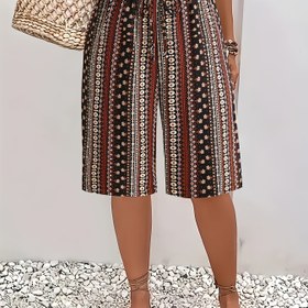 Resim Kadınlar İçin Yüksek Bel Bohem Çiçek Desenli Plaj Şortu - Hafif %100 Polyester, Yapay İpli Rahat Kesim, Her Mevsime Uygun Makinede Yıkanabilir Yazlık ve Günlük Kullanım için Doğal Tonlar, Konforlu Kumaş 