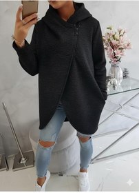 Resim Kırçıllı Siyah Kadın Asimetrik Fermuarlı Oversize Kapüşonlu Sweatshirt Kalın Kumaş Rahat Günlük Tarz Füme 