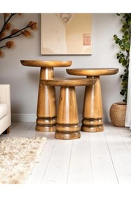 Resim AYLESA Doğal Ahşap 3’lü Set Mantar Yan Sehpa Modern Fiskos Zigon Çiçeklik 