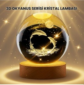 Resim Lazer İşlemeli Yunus Kristal Küre Sıcak Işıklı Ahşap Standlı 