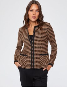 Resim Şerit Detaylı Kazayağı Desen Örme Ceket 67191 U6719135 Camel 