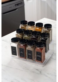 Resim 12'li Şeffaf Merdiven Standlı Cam Baharatlık Seti Siyah Kapaklı Etiketli Baharatlık Takım Mh05syh12 Siyah - Şeffaf 