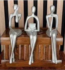 Resim Modern Soyut Düşünür Heykel Seti, 3'lü, Gümüş, Büyük Boy Reçine Ev ve Ofis Dekoru 
