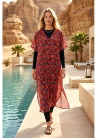 Resim Remsa Mayo Remsa Tesettür Mayo Üzerine Tasarım Tek Kaftan Pareo Rdp26 Kırmızı 