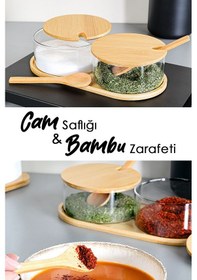 Resim 2'li Bambu Kapaklı Cam Baharatlık Seti - Bambu Kaşıklı Standlı Tuzluk Biberlik Baharat Takımı 280 Ml ŞEffaf 