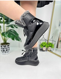 Resim Günlük Kadın Kar Botu Kürklü Bağcıklı Fermuarlı Rugan Rahat Yüksek Kalın Tırtıklı Taban Bootie 77546 Siyah Rugan 