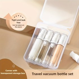 Resim 4 adet/5 adet Basit Seyahat Taşınabilir Şeffaf Dağıtım Şişesi Seti, Kozmetik ve Cilt Bakım Ürünleri Taşıma İçin Uygun, Basmalı Kullanımlı Vakum Şişeler, Nemlendiriciler, Tonikler ve Şampuanlar için Evde ve Seyahatte Bölme İdeal 