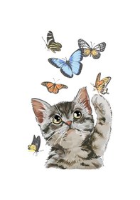 Resim Çocuk Odası Kelebekleri İzleyen Yavru Kedi Zebra Perde Yzn-276 Beyaz 