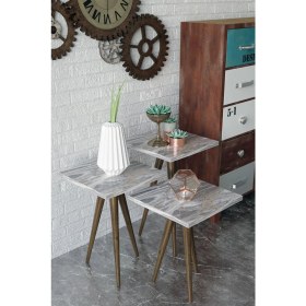 Resim Remaks Retro 3'lü Zigon Sehpa Yan Sehpa Servis Sehpası, Çay Sehpası - Beyaz Mermer 