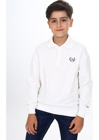Resim Toontoy Kids Toontoy Erkek Çocuk Relax Fit Polo Yaka Çıtçıtlı Hafif Düşük Omuz Baskılı Sweatshirt - 2 İplik Ekru 