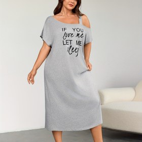 Resim Büyük Beden Kadınlar için Uyku Elbisesi Seksi Omuz Açık Mektup Baskılı Gri Kısa Kollu Orta Uzunluklu Bornoz Pijama Seti 