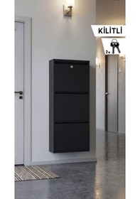 Resim Kilitli Üçlü Metal Ayakkabılık Siyah Yedek Anahtarlı Siyah 
