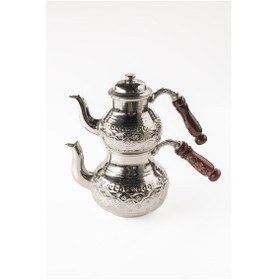 Resim Dmt Gaziantep Bakır Çaydanlık Takımı El Çiçek İşleme Battal Büyük Boy Üst:1,3 Ml Alt :3,20 Ml Gümüş 