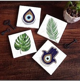 Resim Nazar, Fatma Ana Eli (Hamsa), Yaprak Taş Bardak Altlığı Seti - 4 Parça - Dekoratif, Rustik Mutfak Aksesuarı, 10x10 cm, Kaydırmaz Tabanlı, Şık ve Dayanıklı SC355 