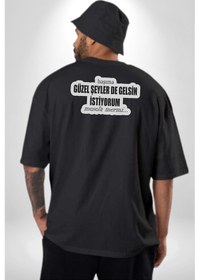 Resim Başıma Güzel Şeylerde Gelsin İstiyorum Mesela Mermi Yazılı Pamuklu Unisex Oversize Sırt Dijital Baskılı Siyah T-shirt Siyah 