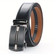 Resim Erkek Otomatik Cırcırlı Kemer - Ayarlanabilir Otomatik Toka, Dayanıklı Alaşım Toka & Hakiki Sığır Derisi Benzeri Doku, Günlük İş Formel Kemer, Kot/Kostümler için, Altın Tonlu Donanım, Erkek Kemeri, Erkek Kemer, Erkek Bel Kemeri, Erkek Bel Kemeri 