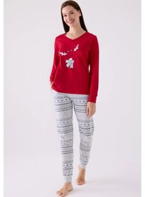 Resim Arnetta 3052 Pamuklu Anne Kız Uzun Kollu Kadın Pijama Takımı Kırmızı Çok Renkli 