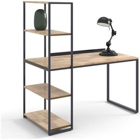 Resim Dou Metal Raflı Masif Panel Doğal Ahşap Çalışma Masası Siyah 