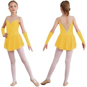 Resim Sarı Kızlar Buz Artistik Patinaj Elbise Bale Dans Yarışması Jimnastik Taklidi Leotard Elbiseler Eldiven Sarı 
