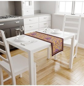 Resim Mor Damask Desen Runner 140x45cm Ince Keten, Uluslararası Yıkama Ve Solmama Sertifikası Çok Renkli 