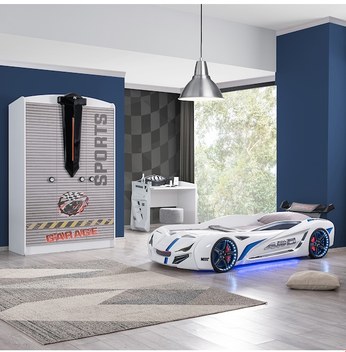 Setaymobilya Sports Çocuk Odası - Vento Arabalı Yatak Dolap Şifonyer - Beyaz