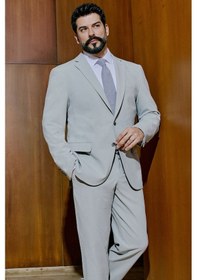 Resim AC&Co / Altınyıldız Classics Erkek Grı Slim Fit Dar Kesim Mono Yaka Beli Bağlamalı Kapak Cepli Esnek Takım Elbise Grı 