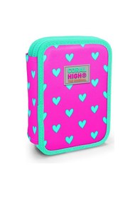 Resim Coral High Kids Neon Pembe Su Yeşili Kalp Desenli Çift Katlı Kalem Çanta 11133 Pembe 