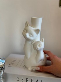 Resim Plastik Yapay Çiçeklerle Uyumlu Kedi Figürlü Şık Ve Sevimli Dekoratif Vazo Beyaz 