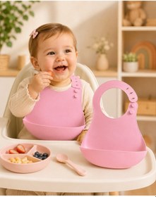 Resim Silikon Mama Önlüğü Su Geçirmez Ayarlanabilir Bebek Önlüğü Bpa İçermeyen Geniş Cepli Beslenme Önlüğü Pembe 