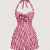 Resim Kadınlar İçin Şık Halter Boyun Tulum - Kırmızı & Beyaz Gingham Fiyonk Detayı, Esnek Olmayan Makinede Yıkanabilir Üç Mevsim Kıyafeti Günlük ve Resmi Etkinlikler İçin, Bayanlar Romperları ve Tulumları, Bahar Yaz Giyimi, Çentikli Yaka Stili, Opak Kumaş, Sezonluk Moda, Yüksek Kalite Dikiş, Yetişkin Giyim 
