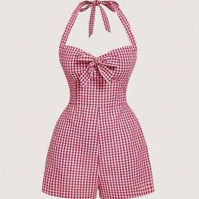 Resim Kadınlar İçin Şık Halter Boyun Tulum - Kırmızı & Beyaz Gingham Fiyonk Detayı, Esnek Olmayan Makinede Yıkanabilir Üç Mevsim Kıyafeti Günlük ve Resmi Etkinlikler İçin, Bayanlar Romperları ve Tulumları, Bahar Yaz Giyimi, Çentikli Yaka Stili, Opak Kumaş, Sezonluk Moda, Yüksek Kalite Dikiş, Yetişkin Giyim 