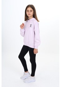 Resim Toontoy Kids Toontoy Kız Çocuk 2'li Takım Baskılı Kapüşonlu Düşük Omuz Sweatshirt & Basic Düz Tayt Lila 