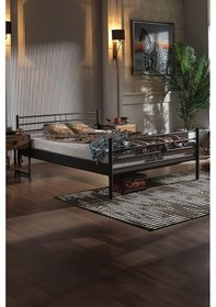 Resim Manyas Çift Kişilik Ferforje Metal -siyah Ahşap Latalı Karyola 