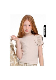Resim Xo Kids Fırfırlı Kısa Kollu O Yakalı Çizgili Kız Çocuk Kazak 5-14 Yaş 35773 Bej 