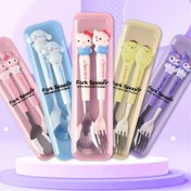Resim A Sanrio Tableware Set Featuring a Hello Kitty Cartoon Fork And Spoon, Packaged in a Box, Perfect for Families, Dorms, Camping, And Picnics with Its Adorable Design. 