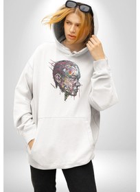 Resim İnsan Kafası Sulu Boya Kadın Erkek Beyaz Kapüşonlu Sweatshirt Hoodie Beyaz 