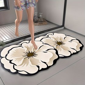 Resim Kamelya Desenli Diatomit Banyo Paspası - Kaymaz Süper Emici Hızlı Kuruyan Duş Matı, Yumuşak Polyester Üst ve Siyah Çiçek Tasarımı ile Banyo Güvenliği & Dekorasyonu için Kauçuk Tabanlı 