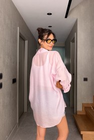 Resim Pembe Tül Modal Maxi Gömlek - Pembe / 40 