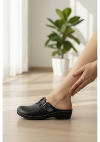 Resim Enoch Kadın Siyah Tam Kapalı Burunlu Sabo Model Ayarlanabilir Yan Tokalı Anatomik Comfort Terlik 