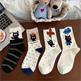 Resim 4 Çift Karikatür Kedi Orta Boy Çorap, %97 Polyester %3 Spandex, Örgü Kumaş, Hayvan Deseni, 280g/m², Elde Yıkama/Kuru Temizleme - Karışık Renkler 