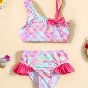 Resim Denizkızı ve Kurdele Askılı 2 Parça Kız Mayo, Düzgün Olmayan Bikini Üst + Şort Takımı, Kızlar için Dış Mekan Mayo Plaj Tatil Mayo 
